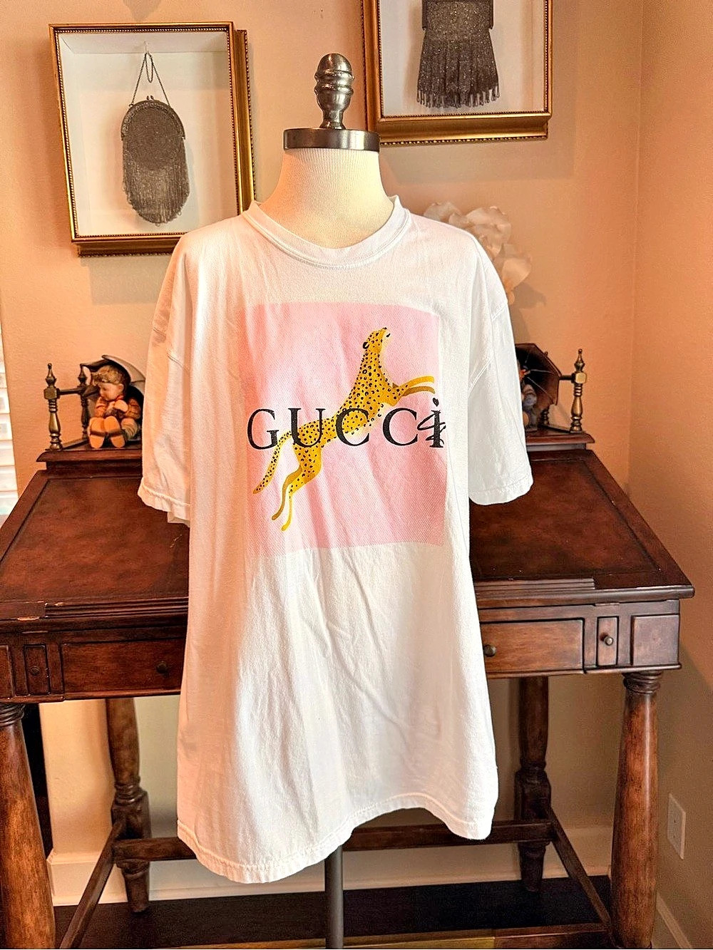 Gucci Logo and Leopard-Print Cotton-Jersey T-Shirt White & Pink